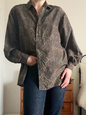 Vintage Point & Line Paisley Silk Button-Up Shirt